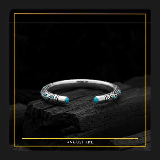 925 Sterling Silver Chitrali Bangle with Natural Firoza Stones