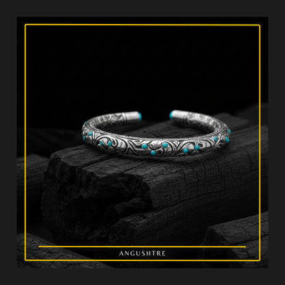 925 Sterling Silver Chitrali Bangle with Natural Firoza Stones