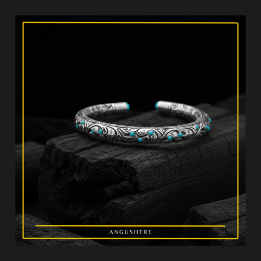 925 Sterling Silver Chitrali Bangle with Natural Firoza Stones