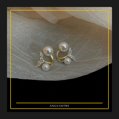 Gold Pearl Leaf Crystal Stud Earrings