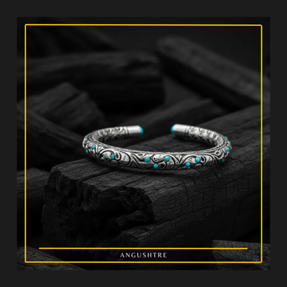 925 Sterling Silver Chitrali Bangle with Natural Firoza Stones