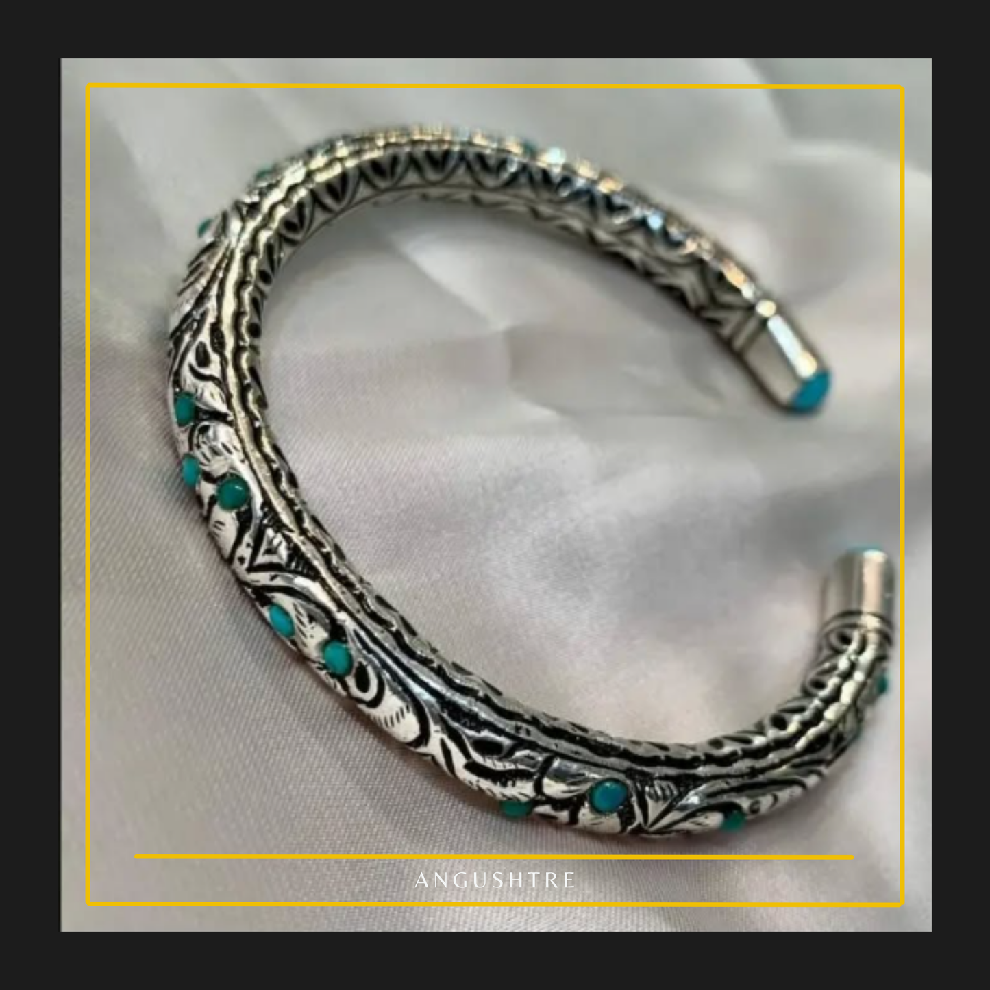 925 Sterling Silver Chitrali Bangle with Natural Firoza Stones