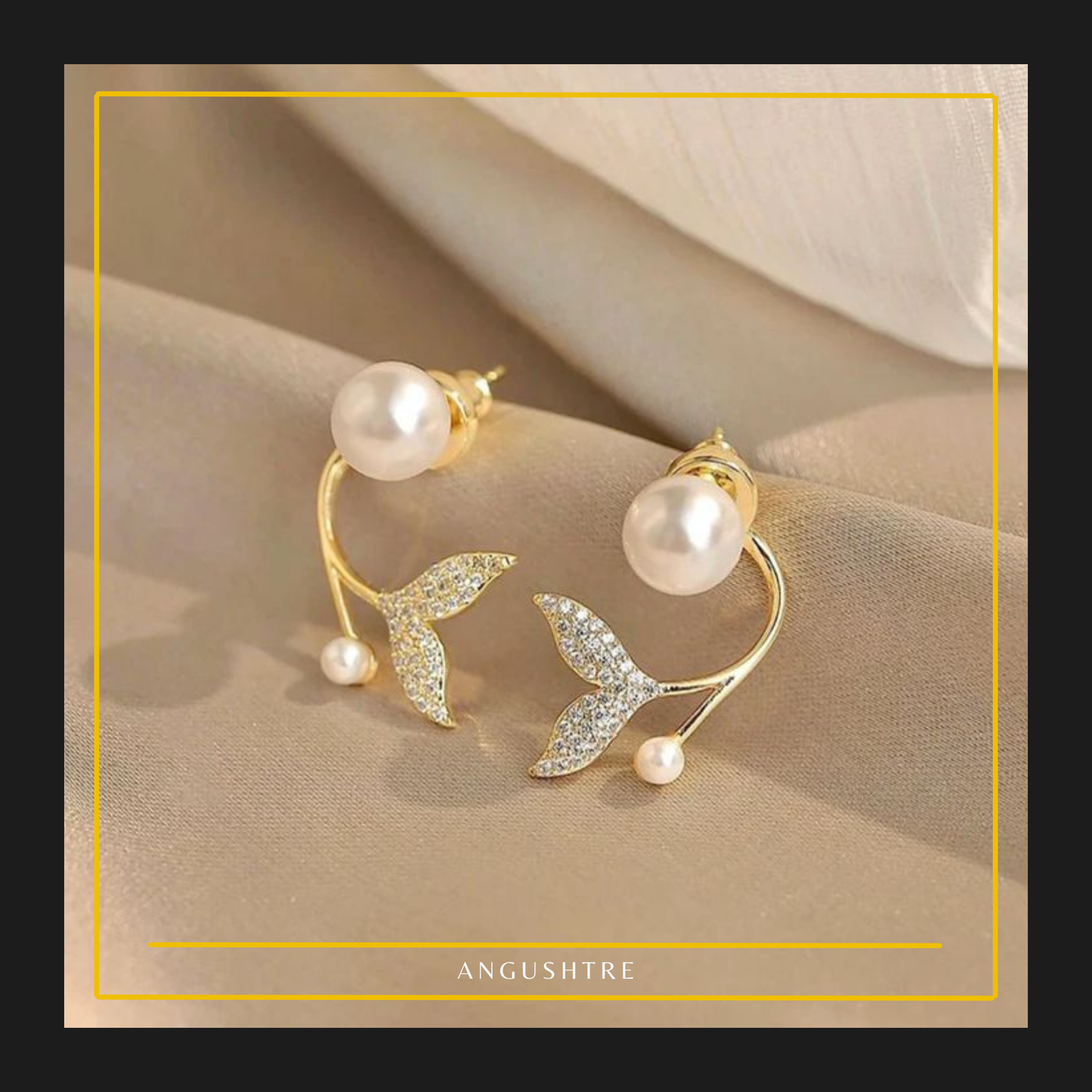 Gold Pearl Leaf Crystal Stud Earrings