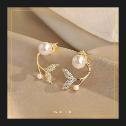 Gold Pearl Leaf Crystal Stud Earrings