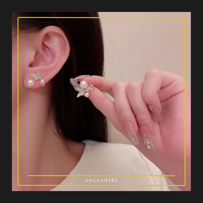 Gold Pearl Leaf Crystal Stud Earrings