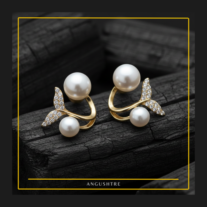 Gold Pearl Leaf Crystal Stud Earrings