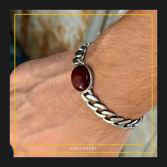 Yumni Red Agate (Aqeeq) Silver Chain Bracelet